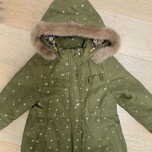 Kids Olive Green Hooded Jacket with Faux Fur Trim and insert